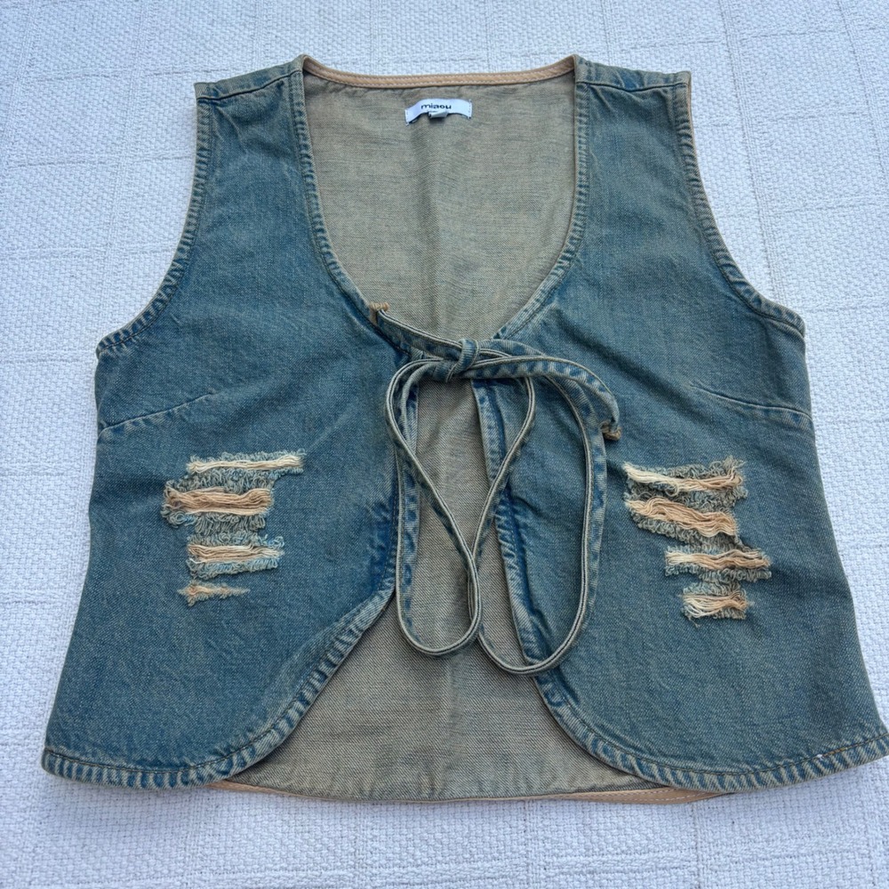 Women's Medium MIAOU Chani Distressed Tie Front Crop Top Acid Denim